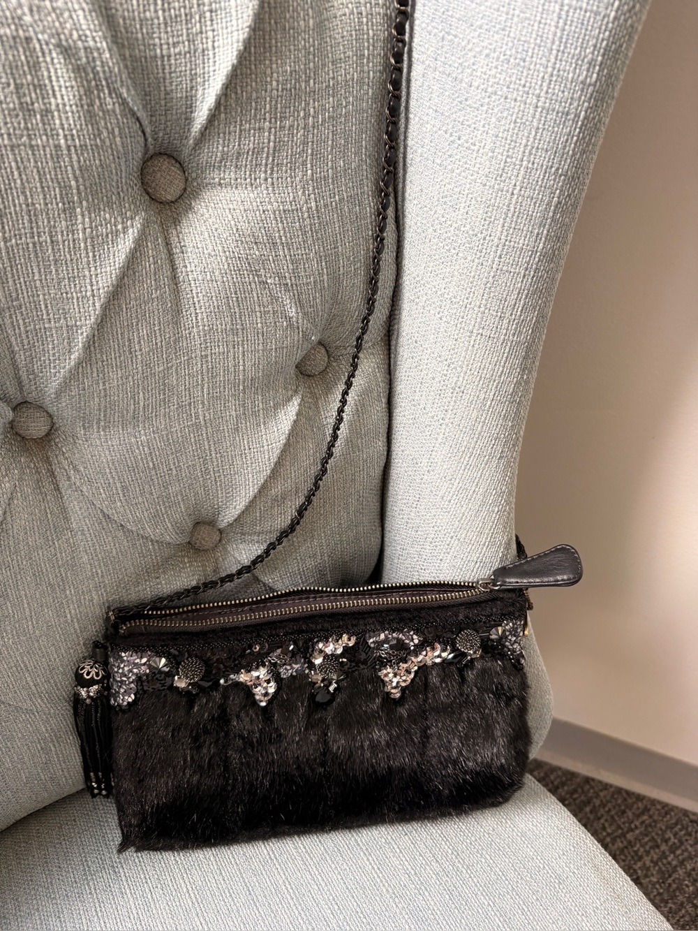 Mary Frances Elegant Black Sequin & Fur Evening Clutch